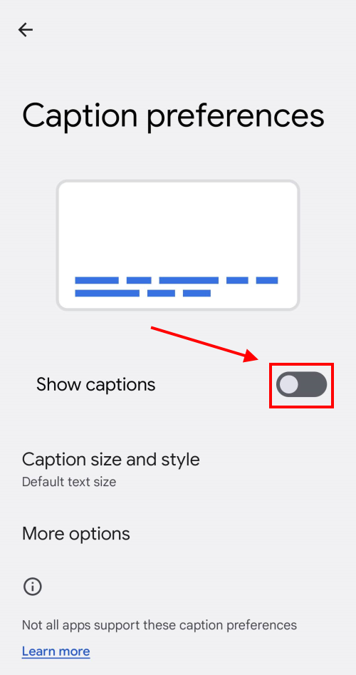 Tap the toggle switch for Show captions to turn it on